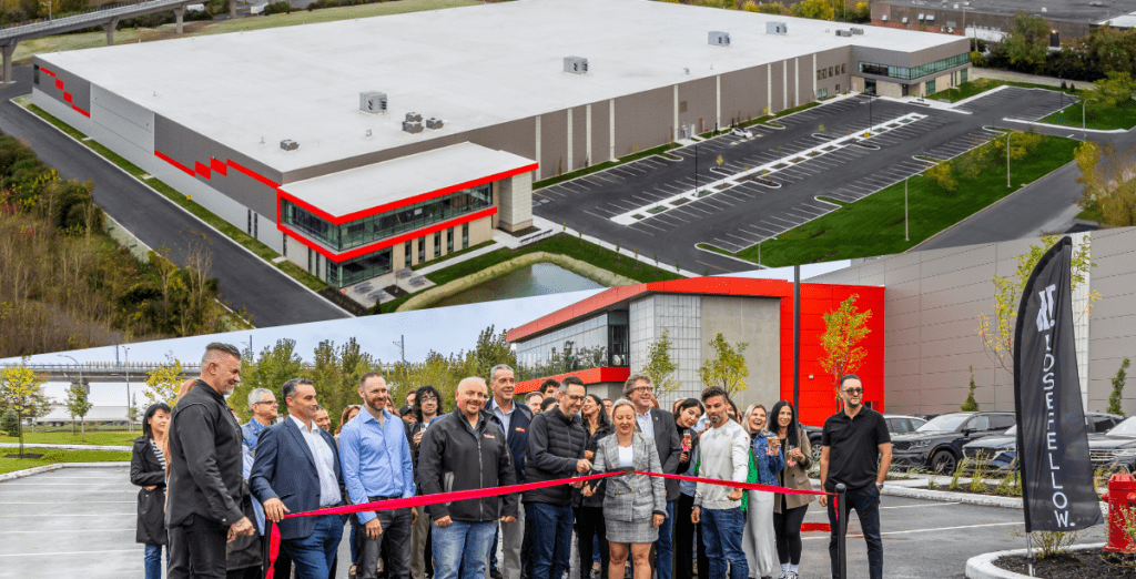 A split image of 555 & 565 Avenue Victor Davis, Pointe-Claire, Quebec. Exterior ariel image of building with red side paneling (top), and group of people holding a ribbon in front of the building (bottom). 