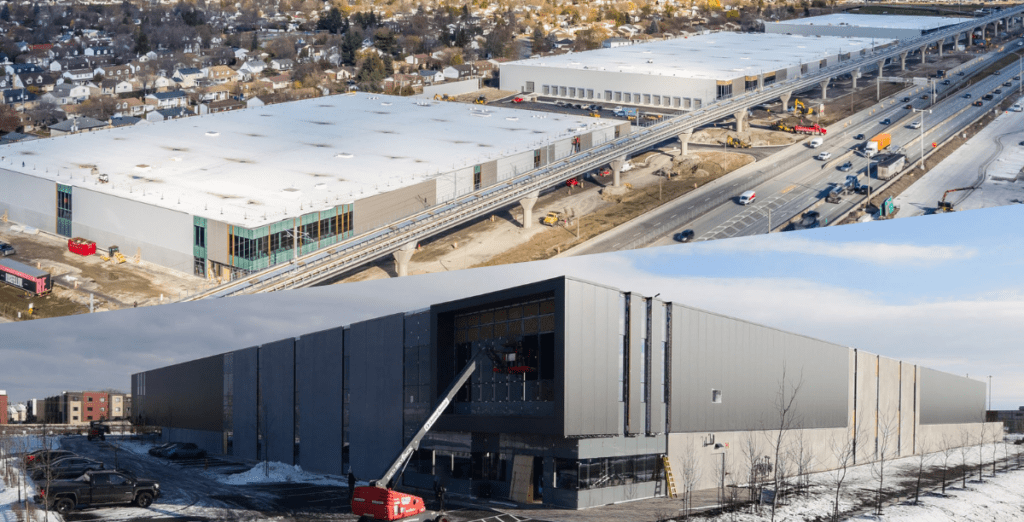 A split image of two, nearly compete industrial development projects in Quebec. 